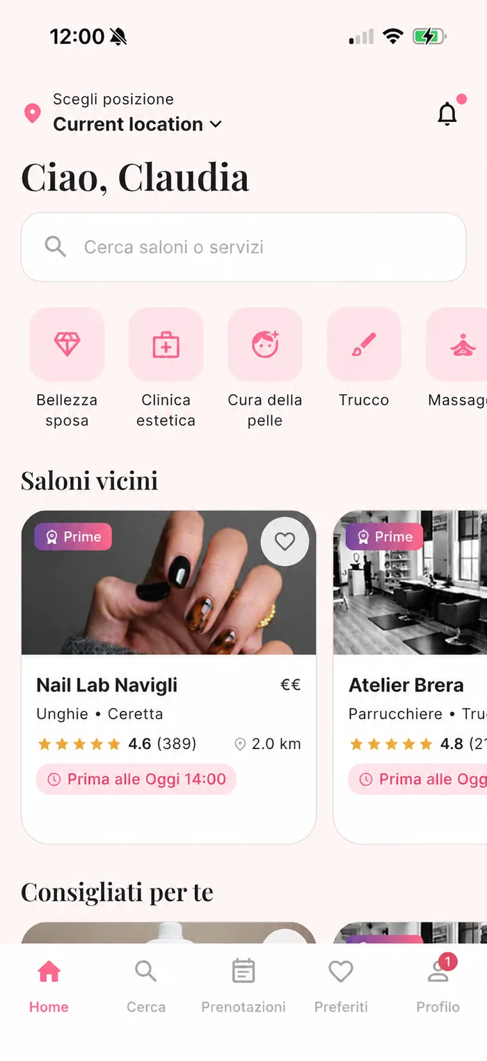 App GlowPass — schermata Home con i saloni vicini