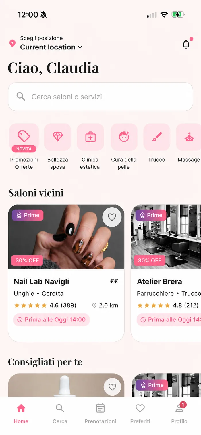 App GlowPass — schermata Home con offerte e sconti dedicati
