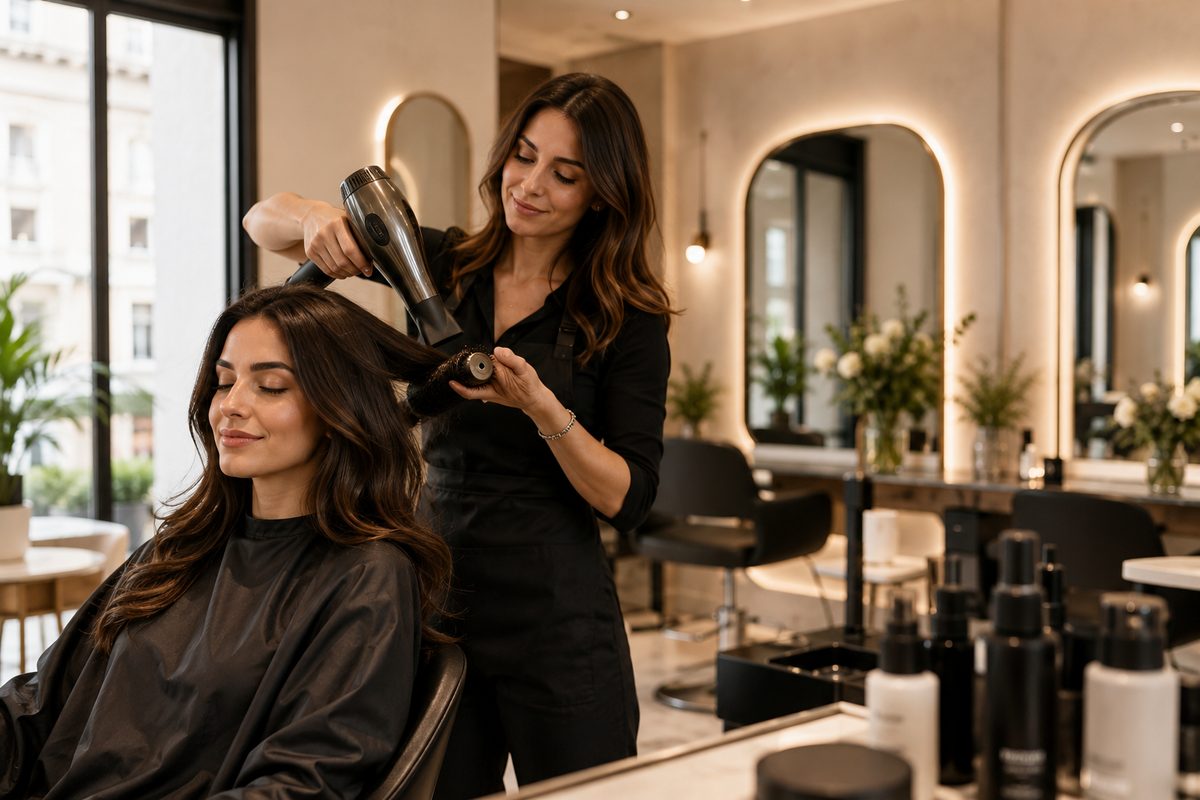 Hairstylist al lavoro su una cliente in un salone elegante